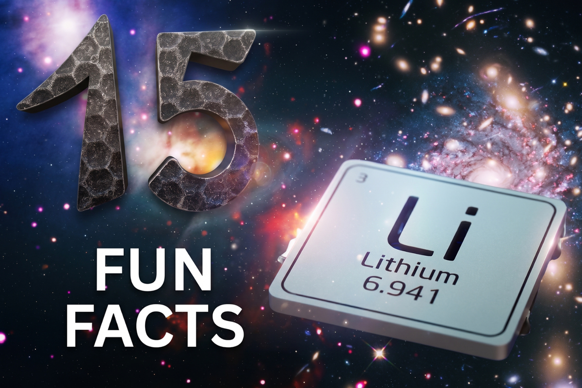“15” and “FUN FACTS” text over a starry space background with colorful sparks, plus a tilted lithium battery icon labeled “Li Lithium 6.941”.