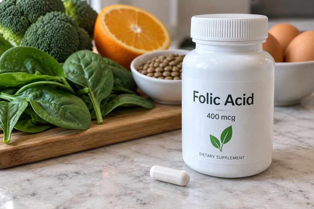 Folic acid supplement bottle with folate-rich foods