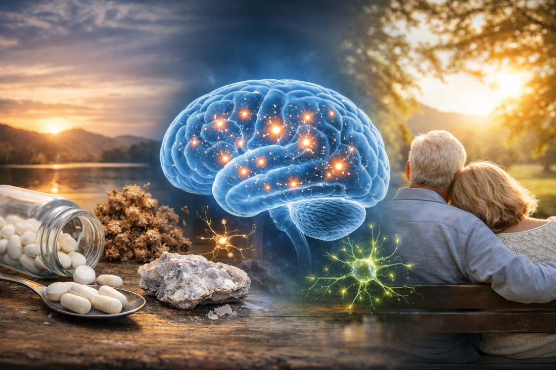 A composite image showing a glowing brain, a couple resting on a bench, a bottle of pills, and natural scenery. The brain is depicted with active neural connections, suggesting cognitive function.