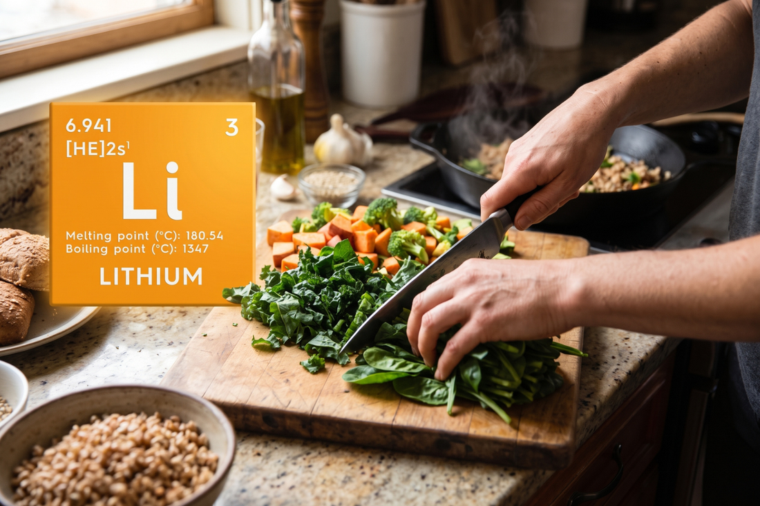 A person chopping leafy greens and vegetables on a wooden cutting board in a kitchen, featuring an orange graphical overlay displaying the chemical element information for Lithium.