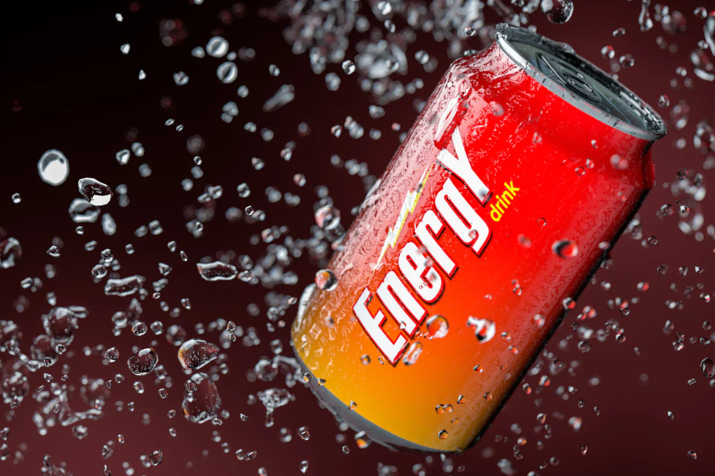 Red energy drink can splashing in water as a comparison to natural supplements for energy