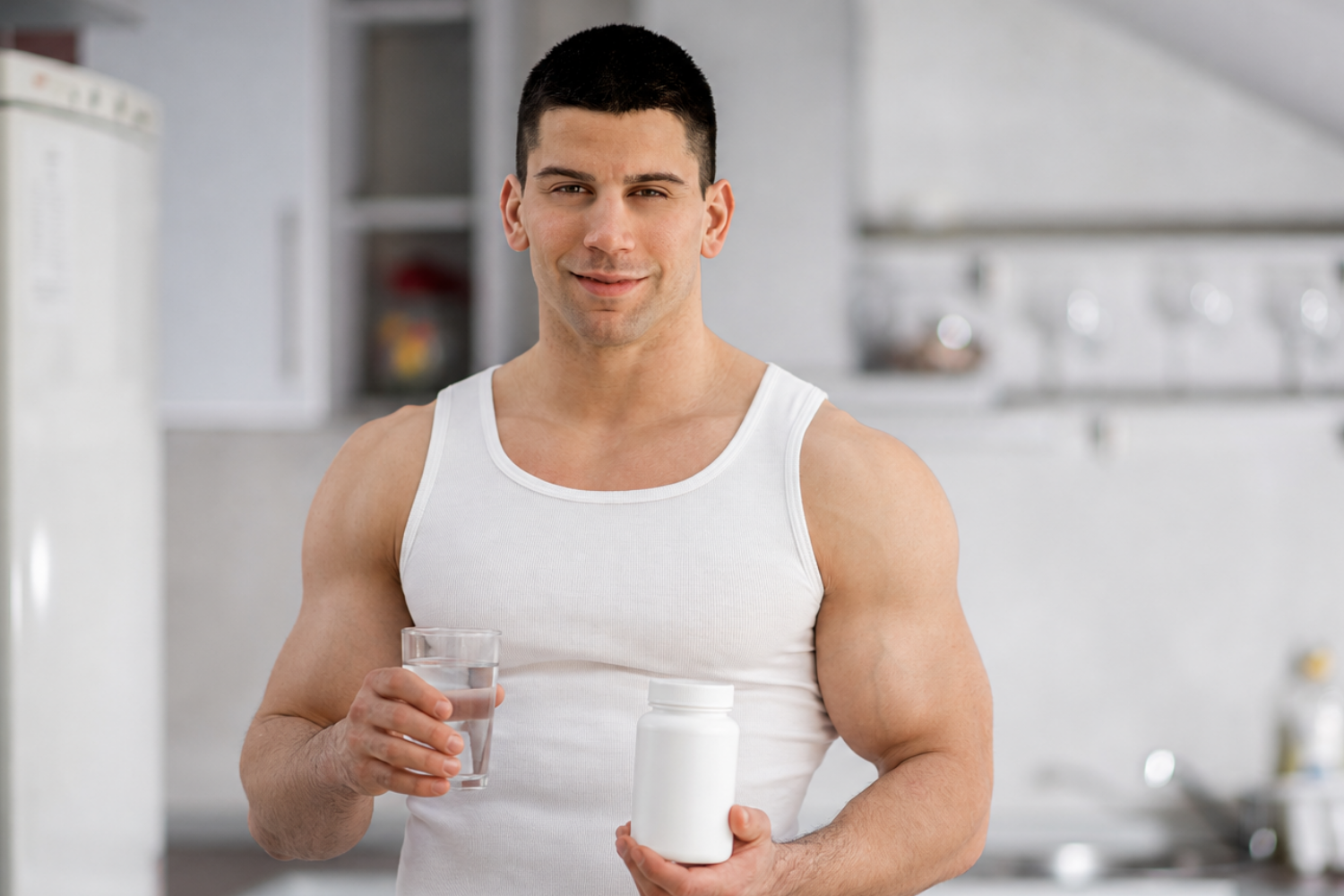Fit man holding a glass of water and an unbranded supplement bottle, representing energy support for work, workouts, and recovery.