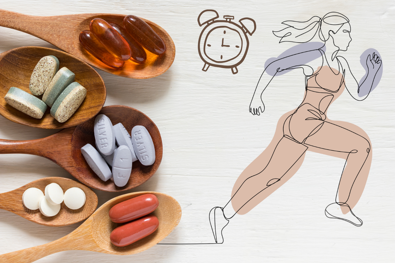 Assorted energy supplements in wooden spoons beside a running woman and clock.