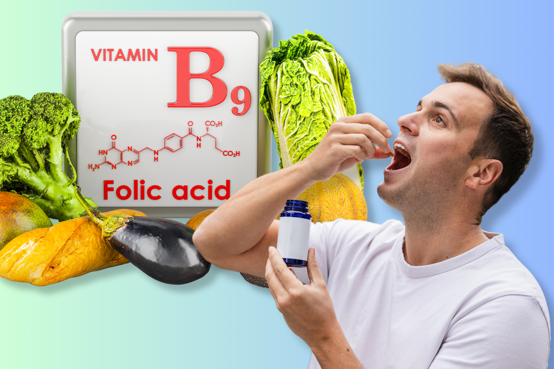 Person taking folic acid supplement with vegetables