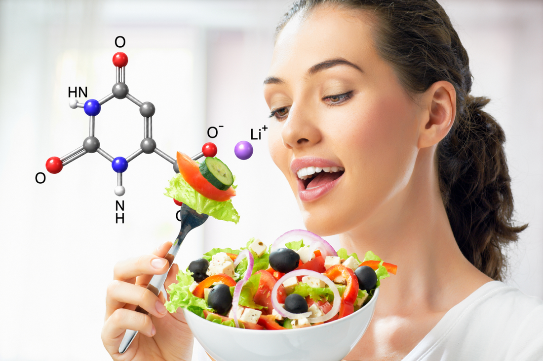 Woman holding a bowl of salad and a forkful of vegetables beside the lithium chemical structure.