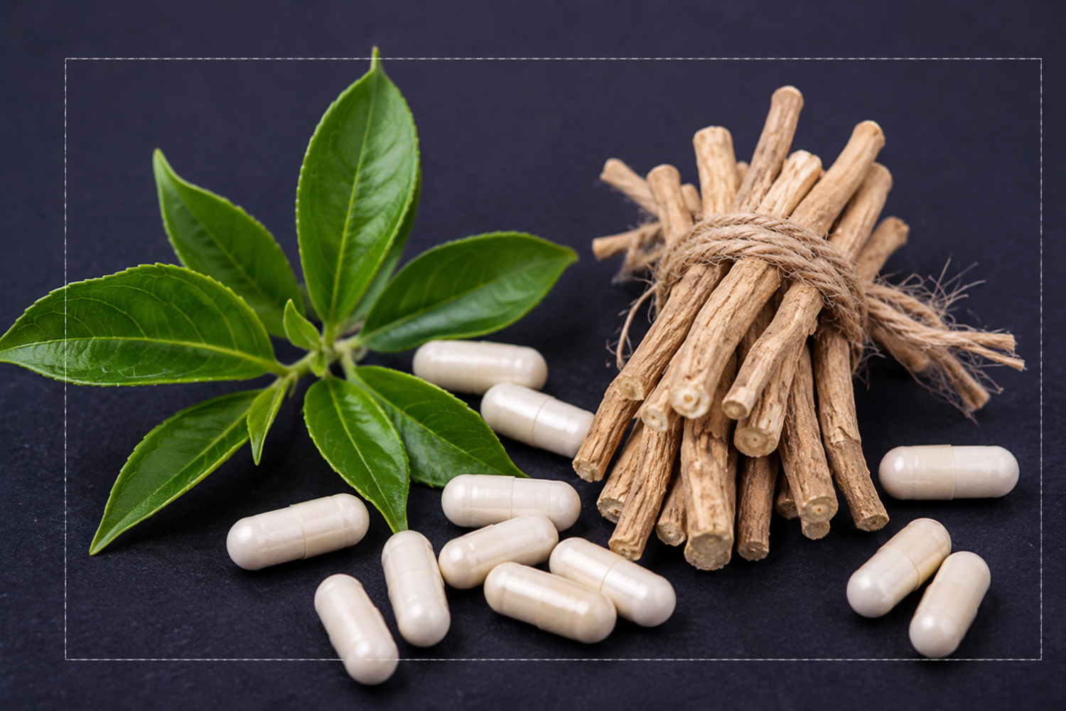Green tea leaves, tied ashwagandha roots, and white capsules displayed on a dark background.