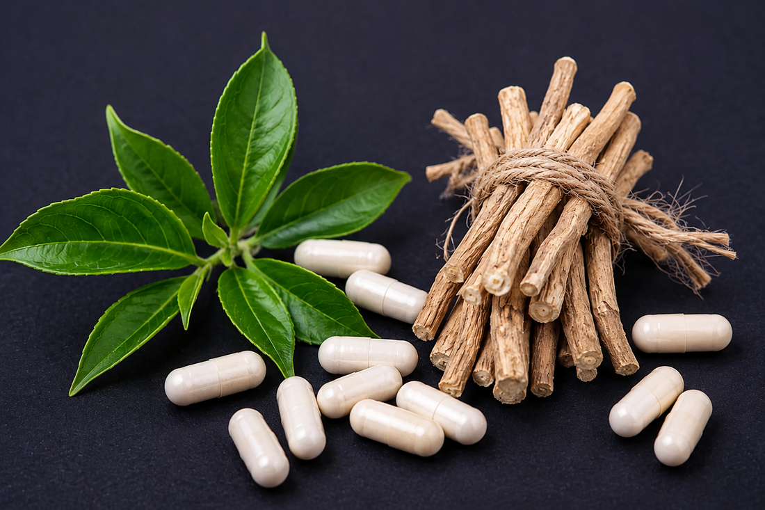 Green tea leaves, tied ashwagandha roots, and white capsules displayed on a dark background.