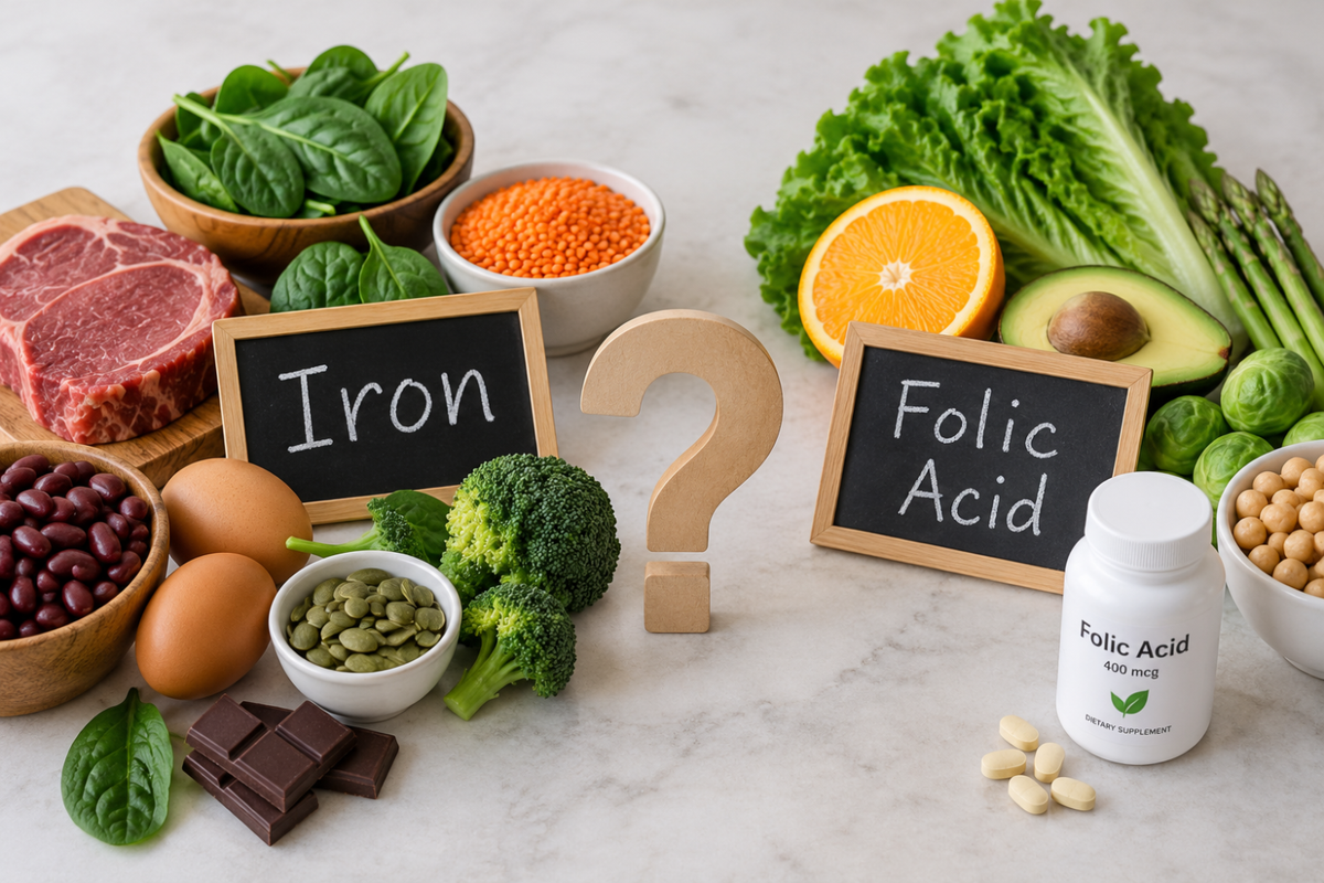 Foods rich in iron and folic acid with supplement bottle