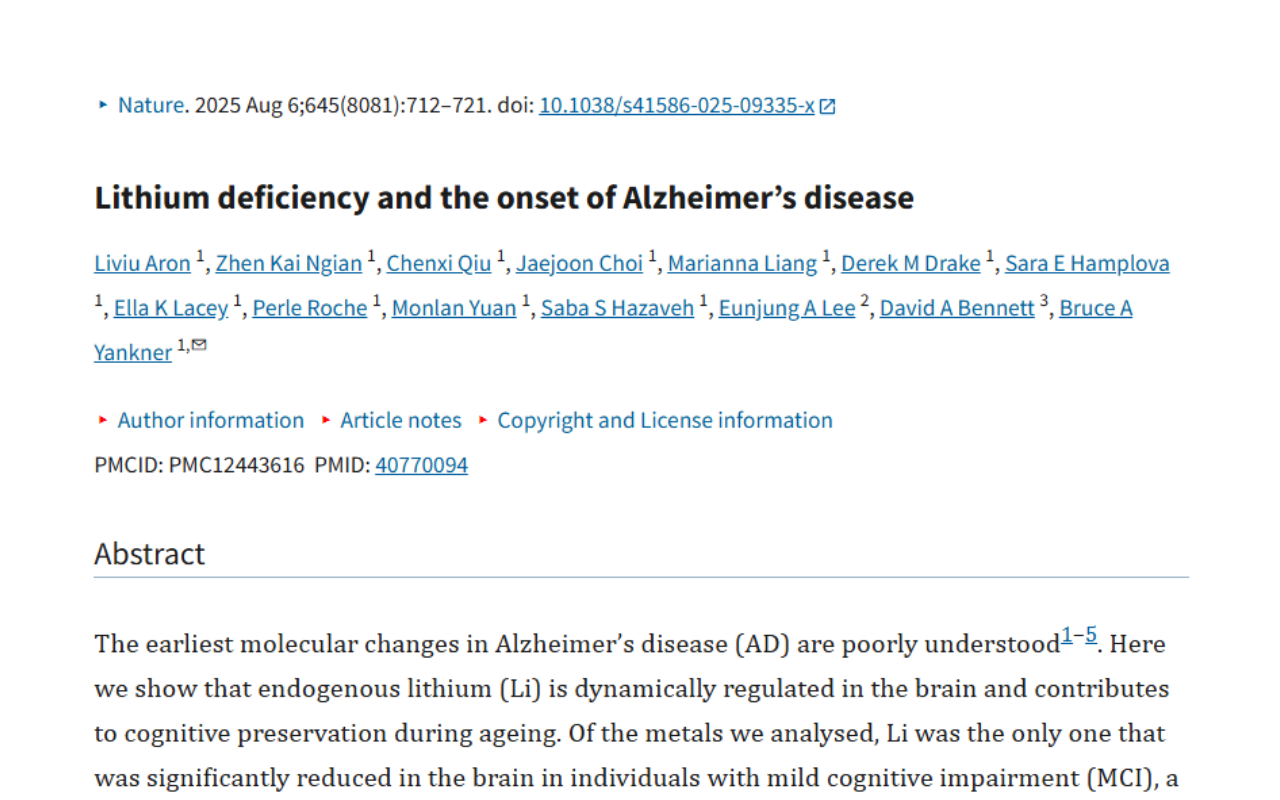 The title of the scientific article is "Lithium deficiency and the onset of Alzheimer's disease", followed by author names and the abstract which discusses the role of lithium in Alzheimer's disease.