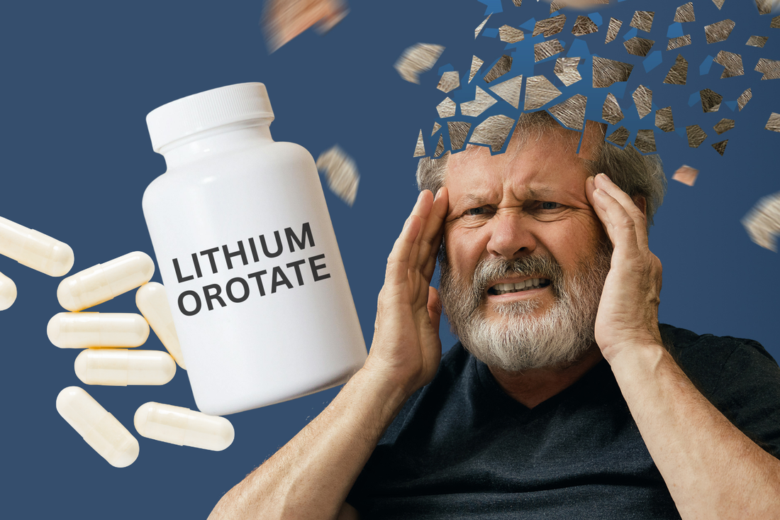Older man with memory concerns beside lithium orotate capsules
