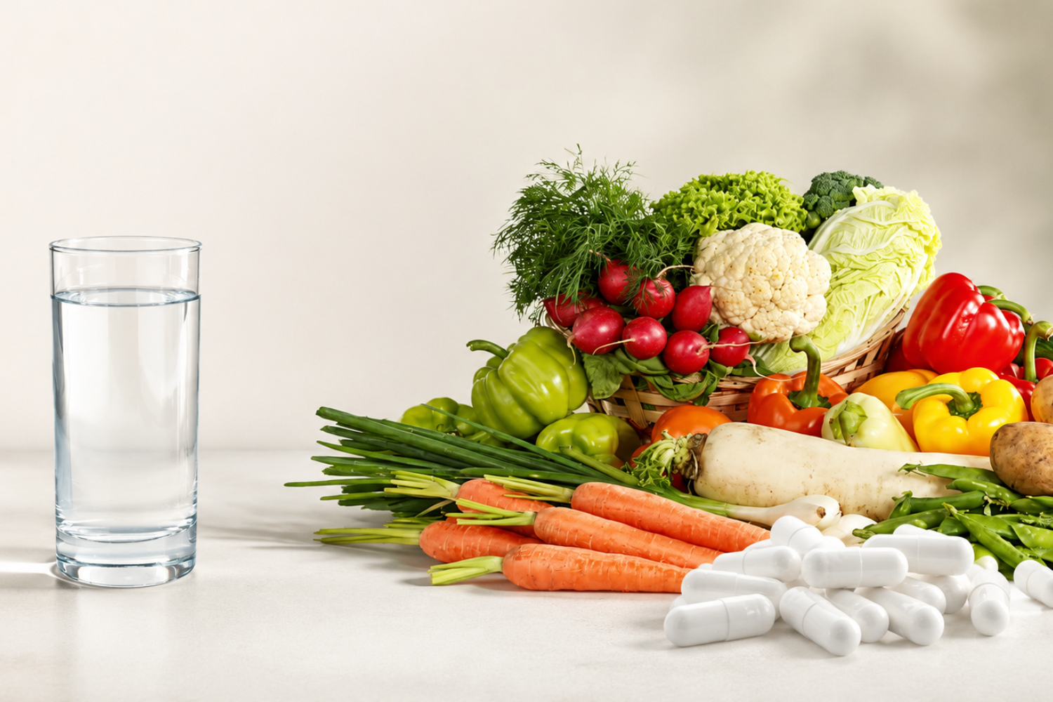 A glass of water sits next to a pile of fresh vegetables and white capsules.