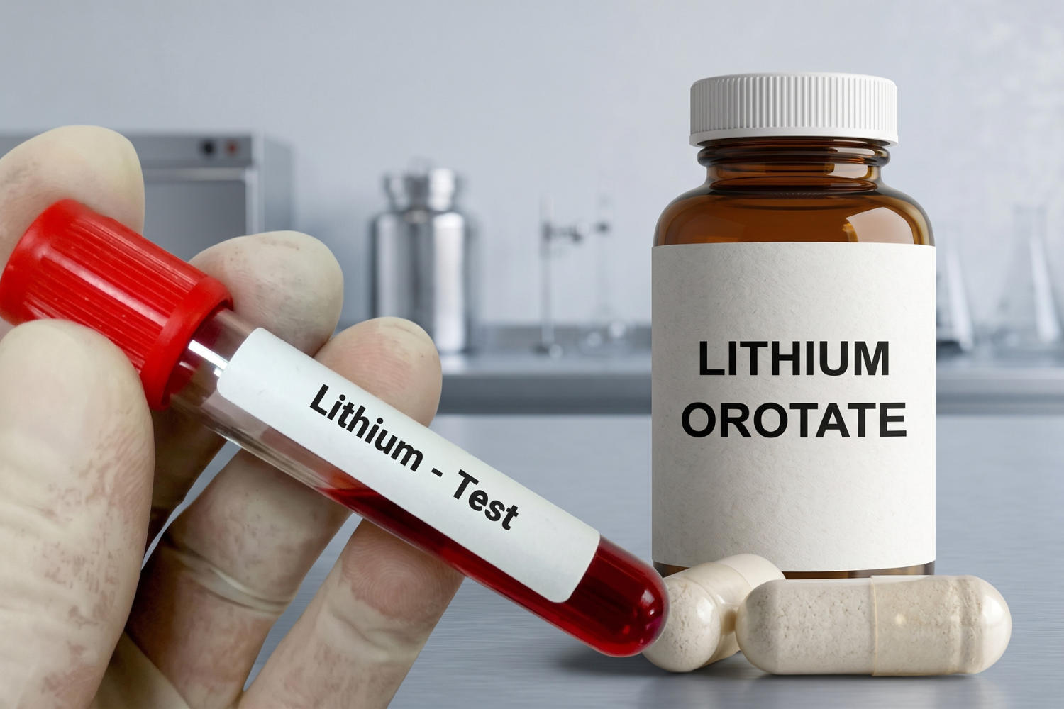 Lithium blood test beside lithium orotate supplement capsules.
