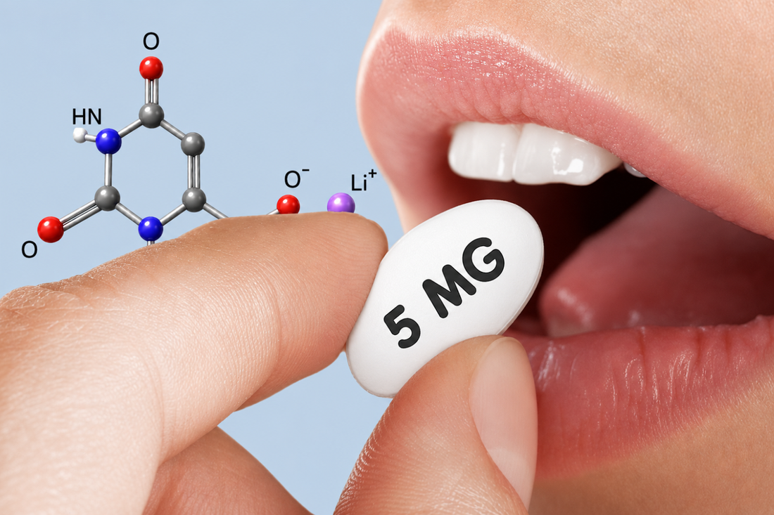 Person holding a white 5 mg tablet near the mouth beside the lithium orotate molecular structure.