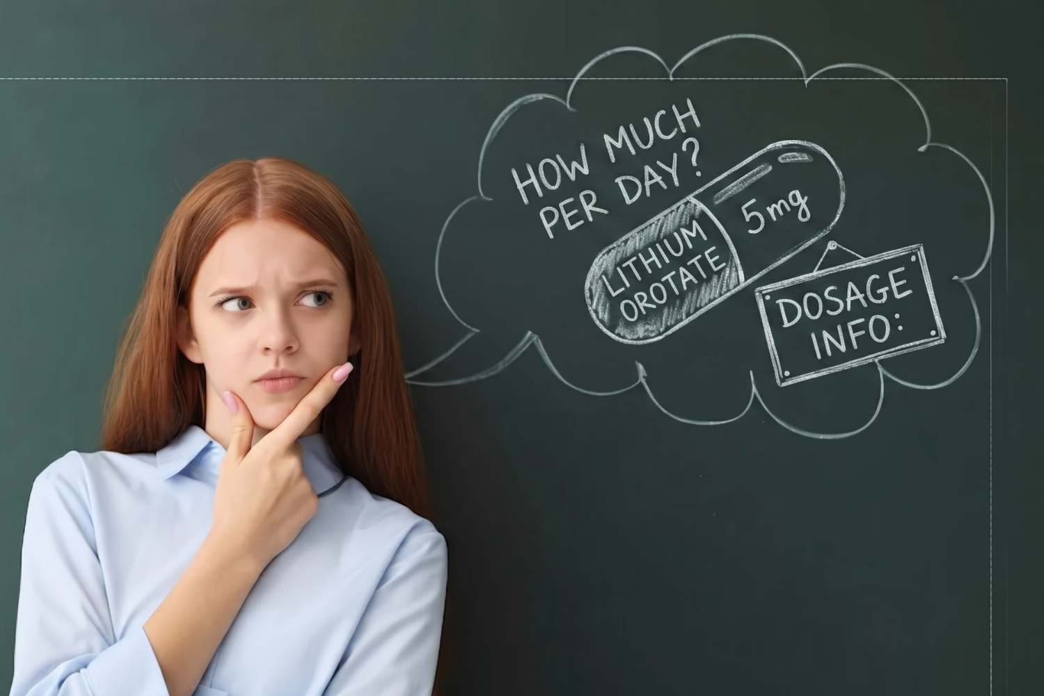 A person looks thoughtfully at a chalk drawing on a dark board depicting a pill labeled "Lithium Orotate 5mg" with the question "How much per day?" and a sign that says "Dosage Info:"