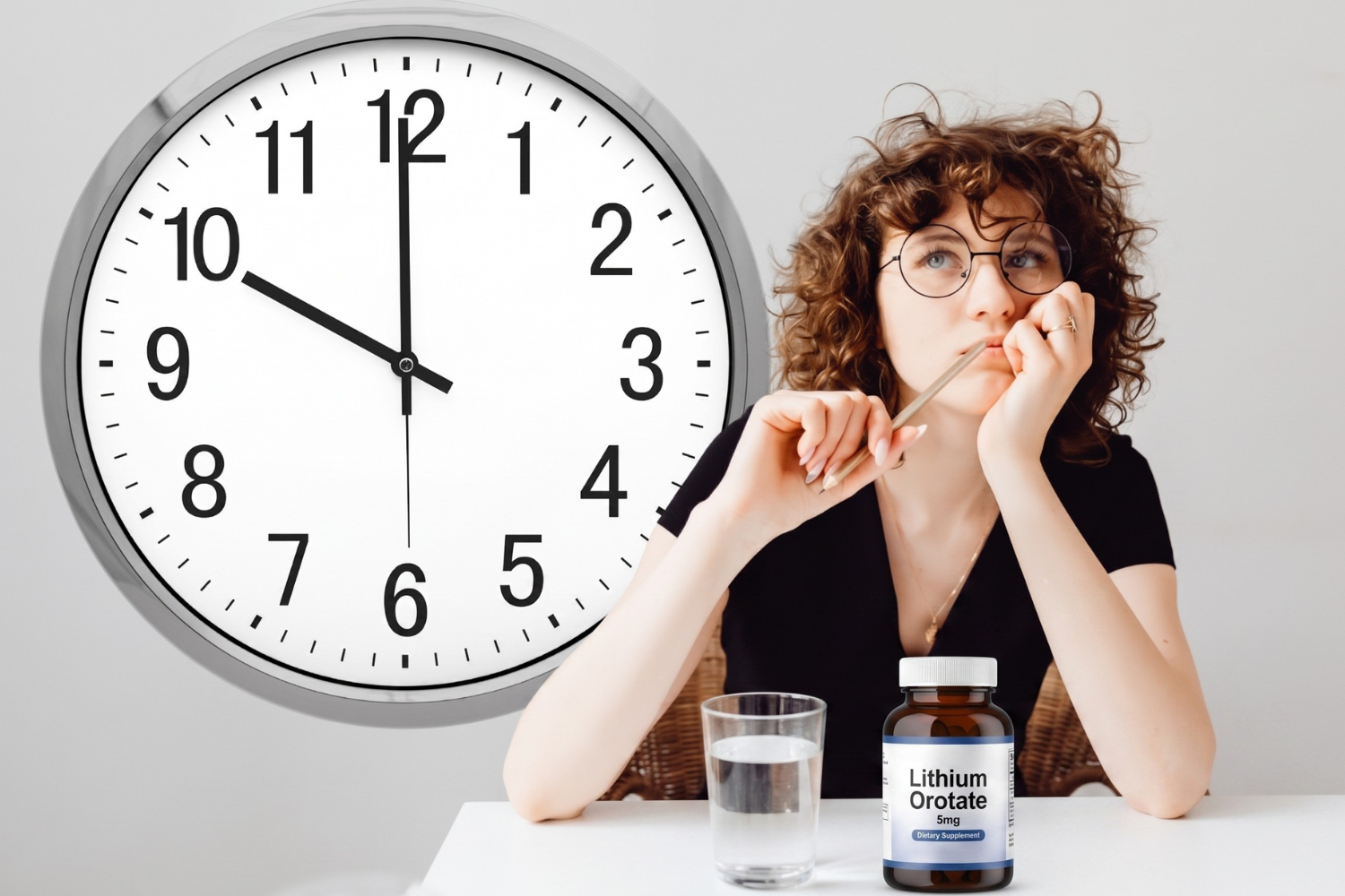 Woman considering lithium orotate dosage timing beside a clock.