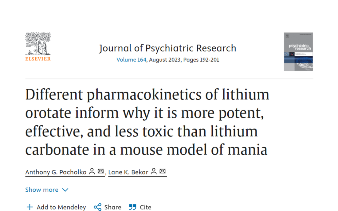 Title page of a 2023 Journal of Psychiatric Research article comparing lithium orotate and lithium carbonate in a mouse model of mania.