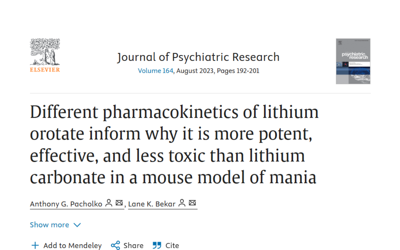 Title page of a 2023 Journal of Psychiatric Research article comparing lithium orotate and lithium carbonate in a mouse model of mania.