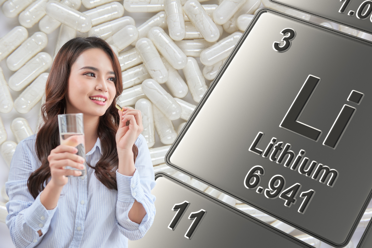 Woman holding a capsule beside a lithium periodic table symbol, illustrating lithium dosage ranges from trace amounts to supplements and prescription doses.
