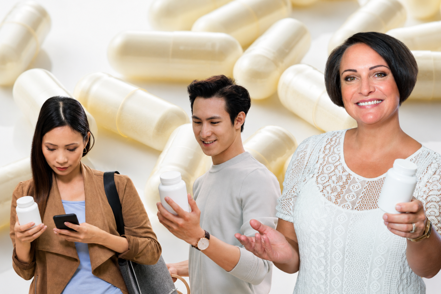 Three people holding white supplement bottles while standing among scattered capsules in a bright, clean setting.