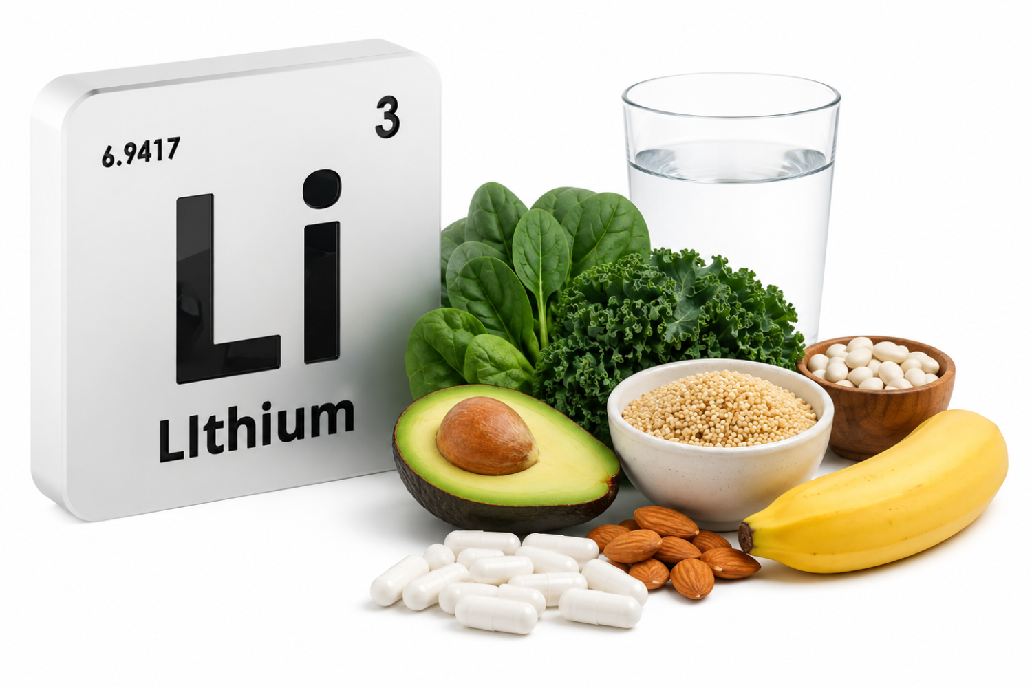 A white block labeled “Lithium” with “3” and “6.9417” next to health foods: an avocado half, banana, leafy greens, grains in bowls, nuts, beans, and a glass of water.