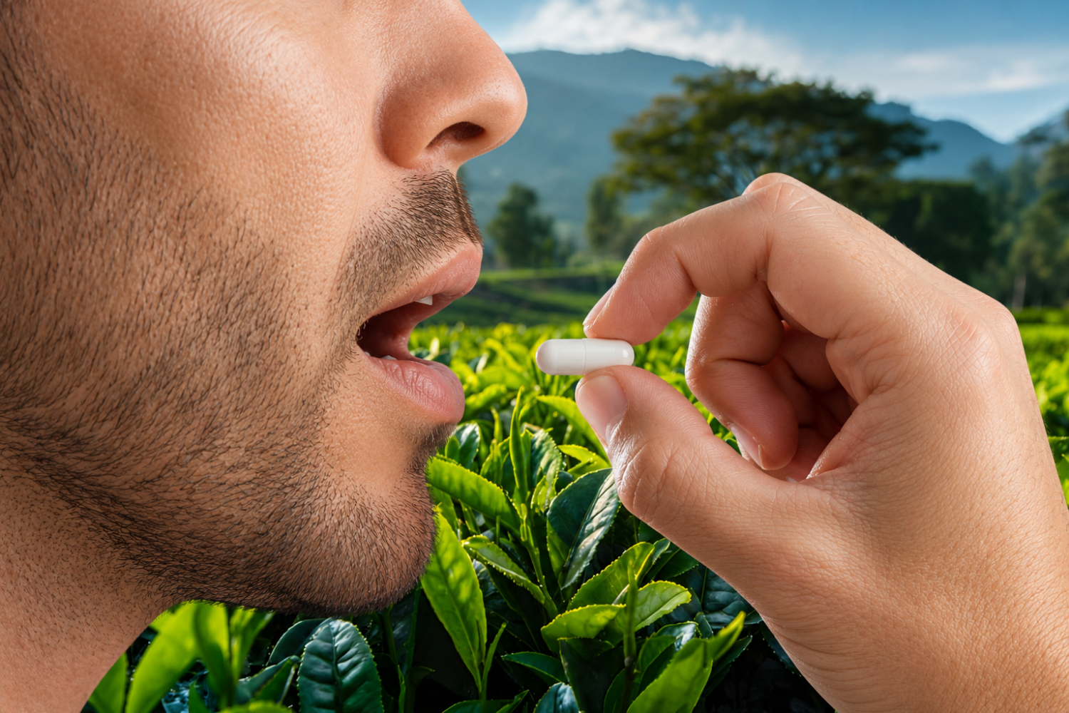 Man holding a white EGCG supplement capsule near his mouth in front of green tea plants.