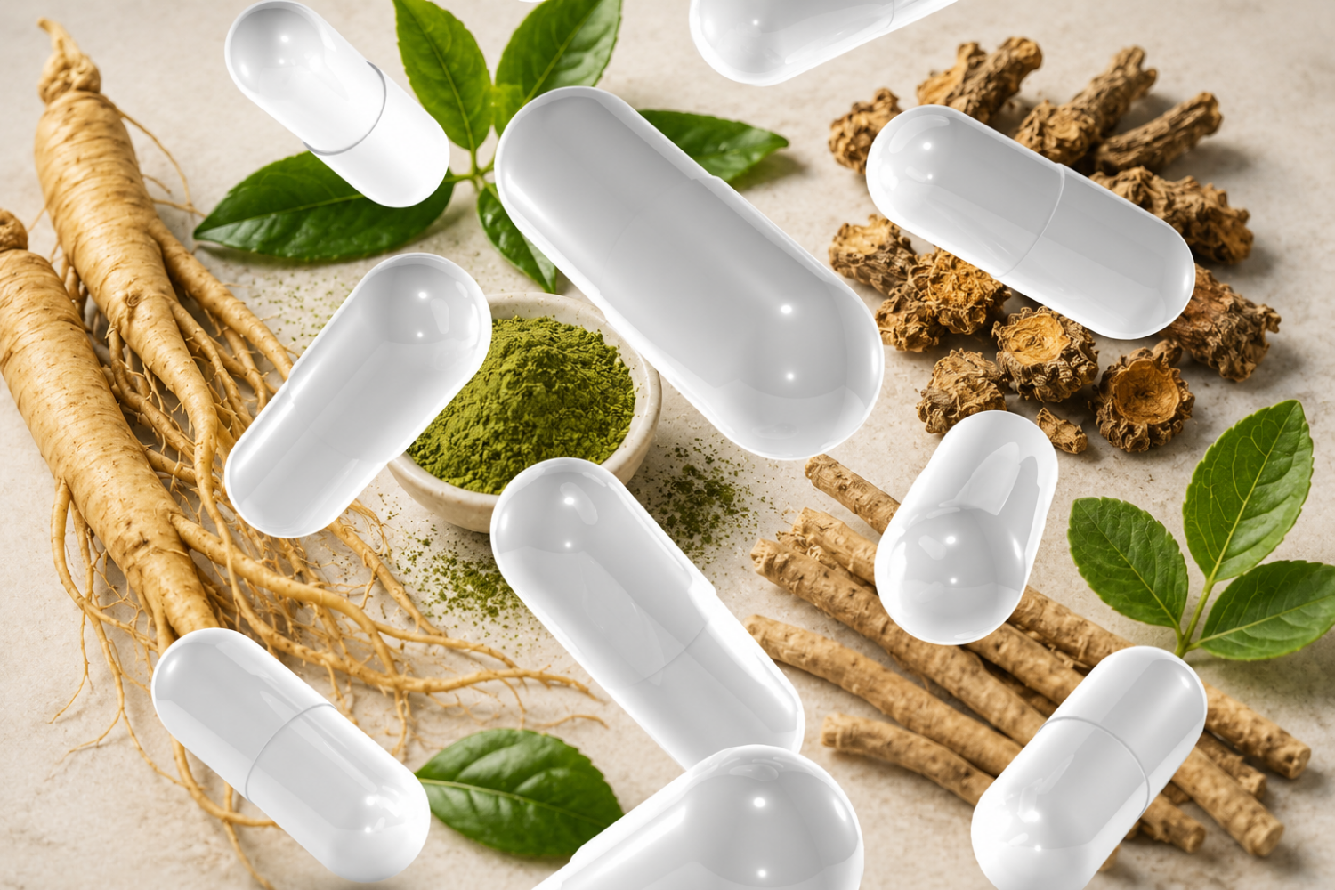 White supplement capsules surrounded by ginseng, rhodiola, ashwagandha, and green tea extract, representing plant-based ingredients used in natural energy supplements.