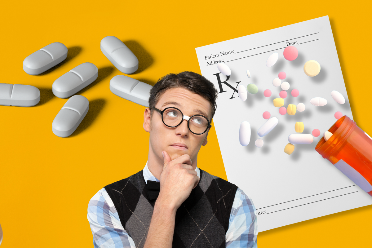 Man comparing prescription and over-the-counter lithium pills with an Rx sheet and medication bottle.
