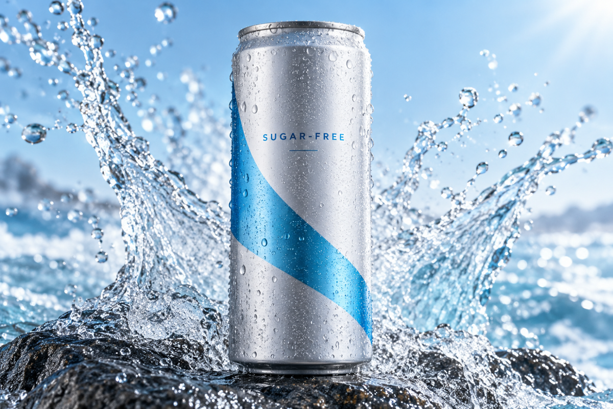 Cold sugar-free energy drink can with water splashing around it, illustrating sugar-free energy drinks and ingredients to watch for.