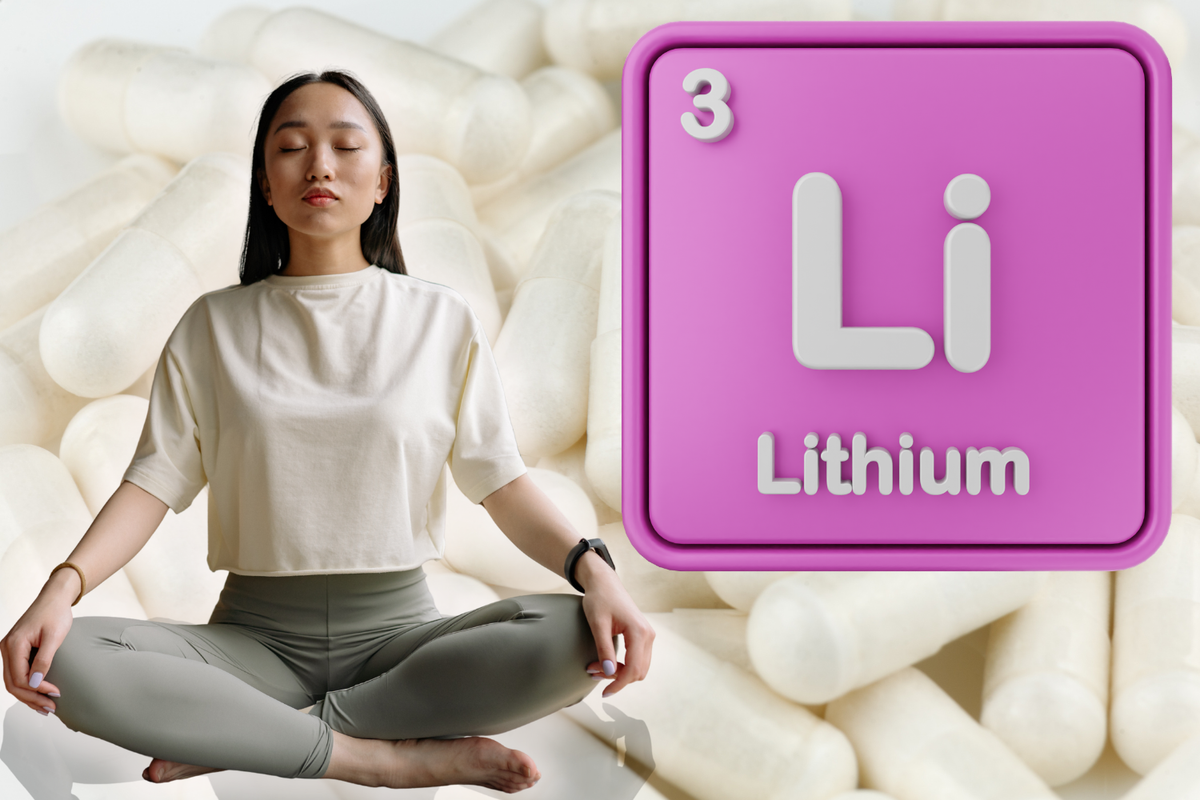 Woman meditating beside a lithium symbol, illustrating lithium orotate and questions about reaching therapeutic lithium levels.