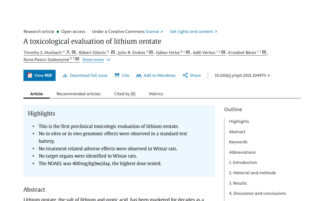 Screenshot of a research article titled "A Toxicological Evaluation of Lithium Orotate" showing highlights and abstract sections.