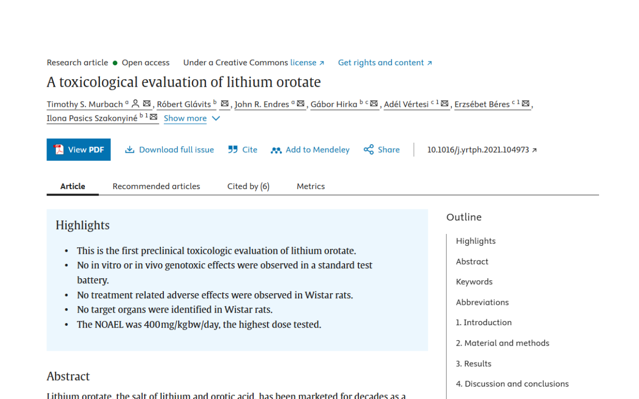 Screenshot of a research article titled "A Toxicological Evaluation of Lithium Orotate" showing highlights and abstract sections.