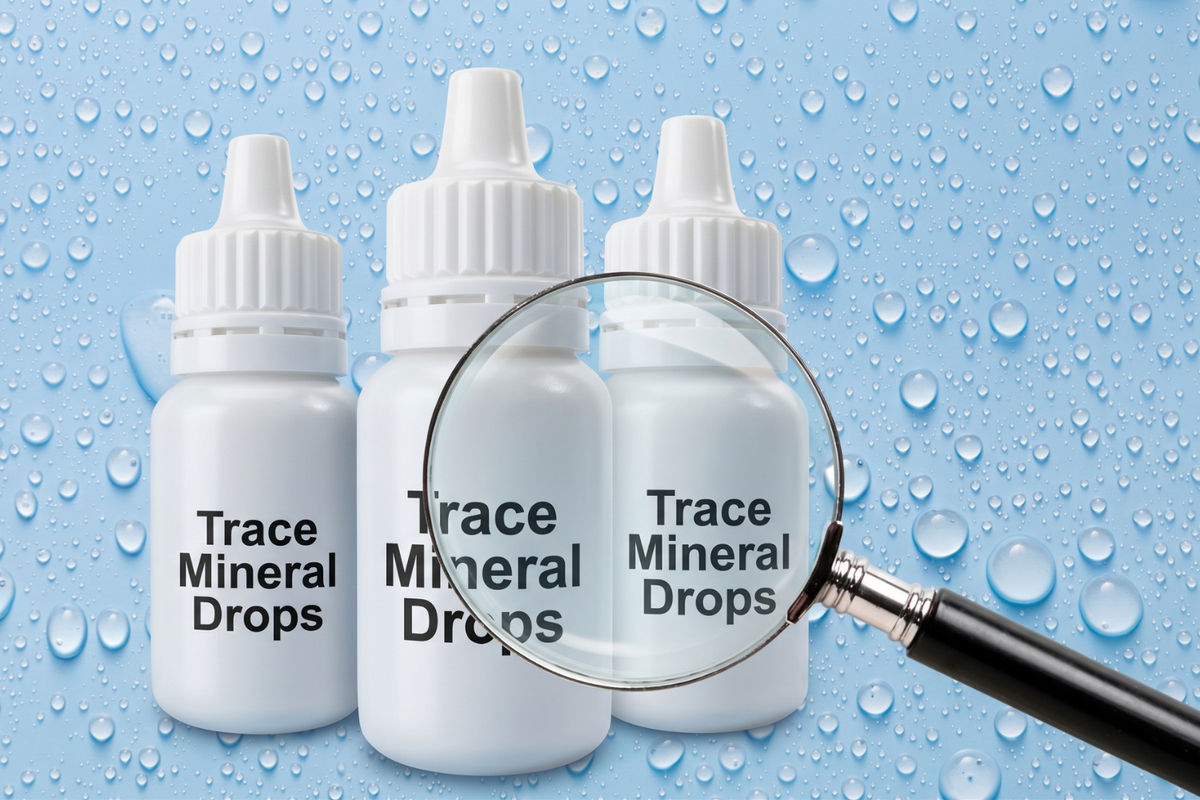 Three white dropper bottles labeled Trace Mineral Drops viewed through a magnifying glass against a blue background with water droplets.