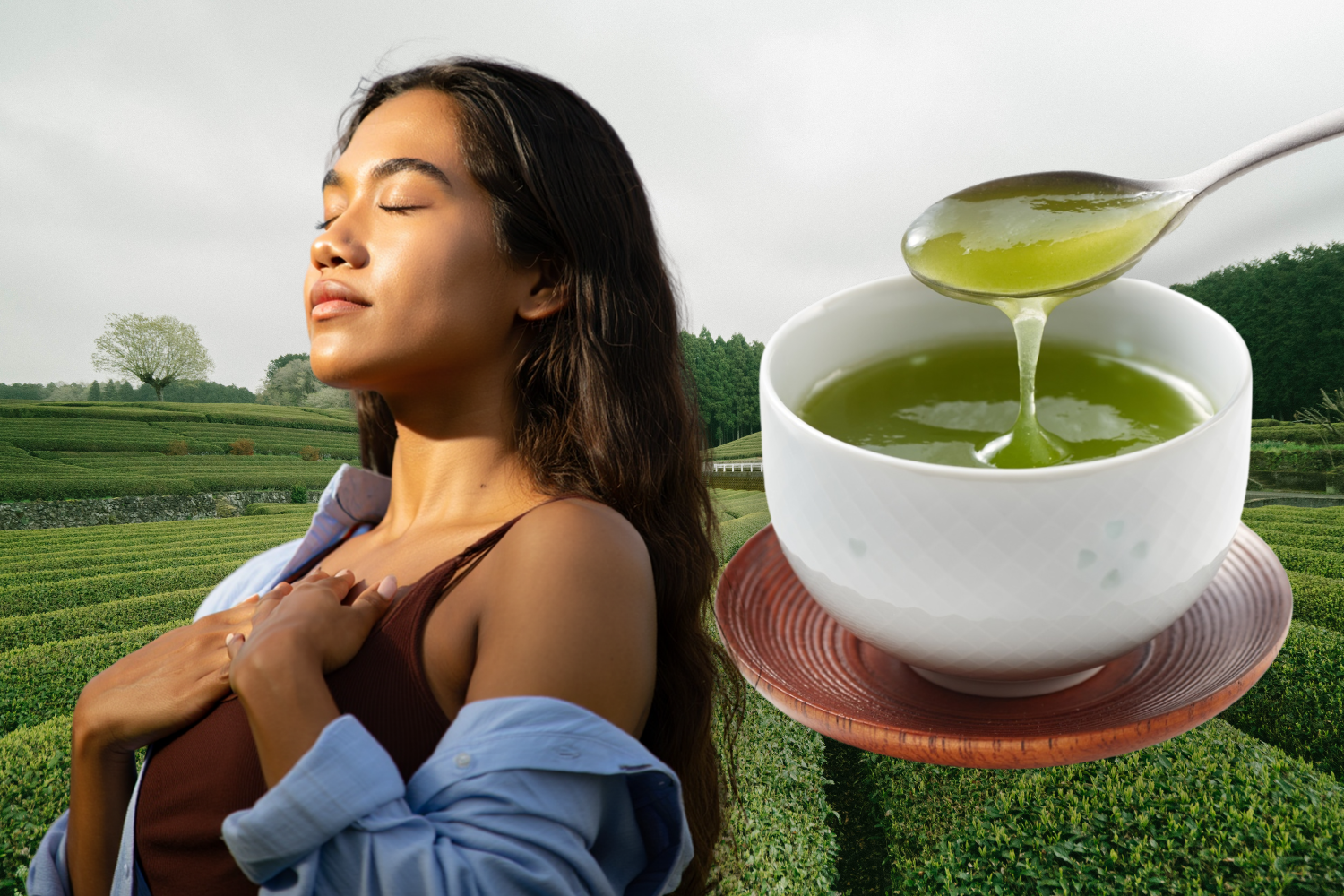 Woman standing with eyes closed in a green tea plantation next to a cup of green tea.